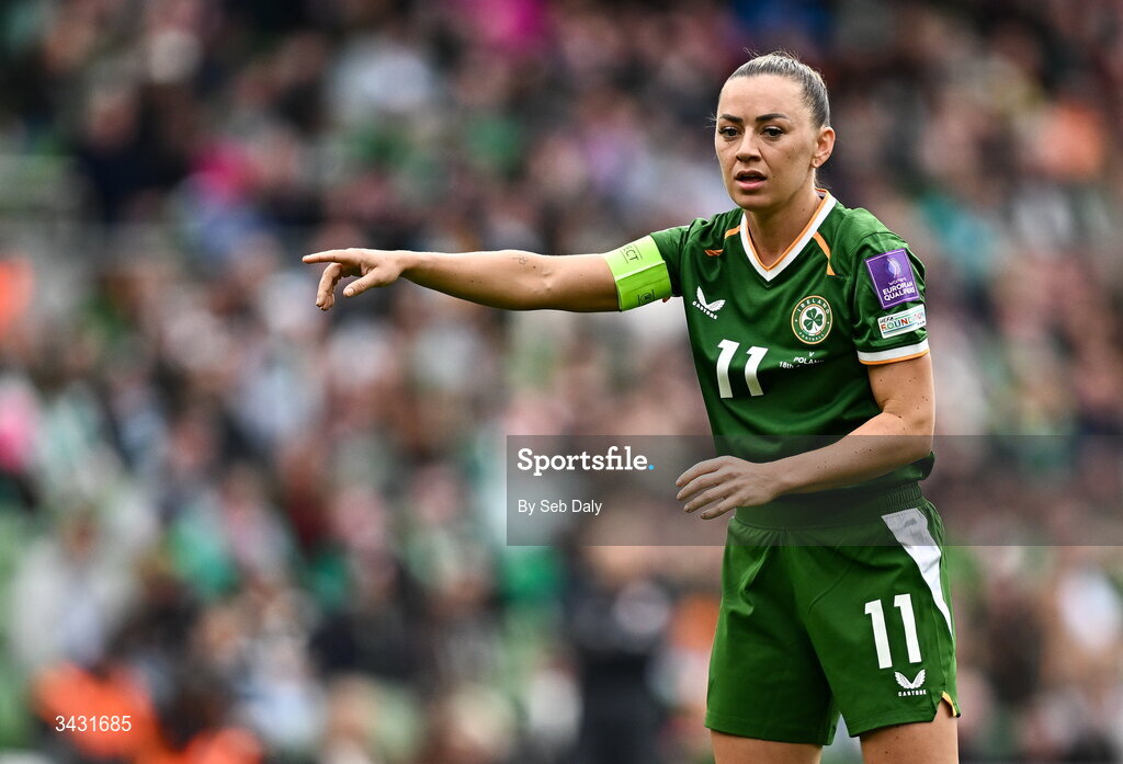 18 April 2026; Katie McCabe of Republic of Ireland during the 2027 FIFA Women’s World Cup Qualifier match between Republic of Ireland and Poland at the Aviva Stadium in Dublin. Photo by Seb Daly/Sportsfile