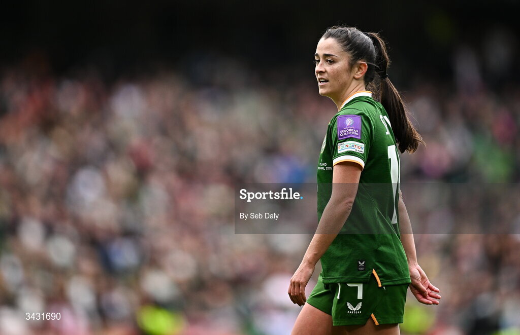 18 April 2026; Marissa Sheva of Republic of Ireland during the 2027 FIFA Women’s World Cup Qualifier match between Republic of Ireland and Poland at the Aviva Stadium in Dublin. Photo by Seb Daly/Sportsfile