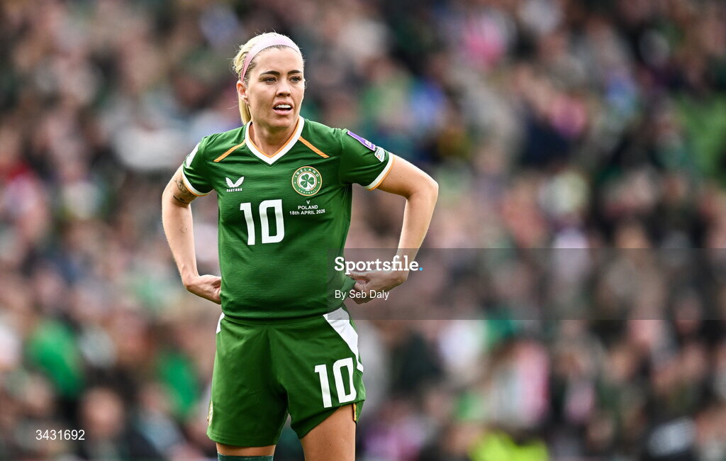 18 April 2026; Denise O'Sullivan of Republic of Ireland during the 2027 FIFA Women’s World Cup Qualifier match between Republic of Ireland and Poland at the Aviva Stadium in Dublin. Photo by Seb Daly/Sportsfile