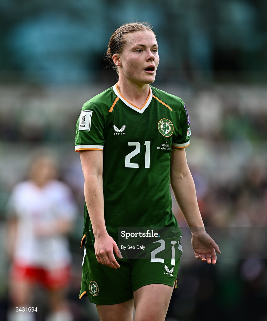 18 April 2026; Emily Murphy of Republic of Ireland during the 2027 FIFA Women’s World Cup Qualifier match between Republic of Ireland and Poland at the Aviva Stadium in Dublin. Photo by Seb Daly/Sportsfile