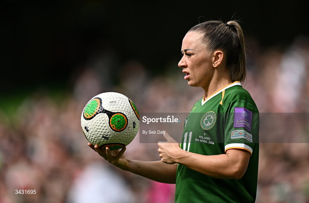 18 April 2026; Katie McCabe of Republic of Ireland during the 2027 FIFA Women’s World Cup Qualifier match between Republic of Ireland and Poland at the Aviva Stadium in Dublin. Photo by Seb Daly/Sportsfile