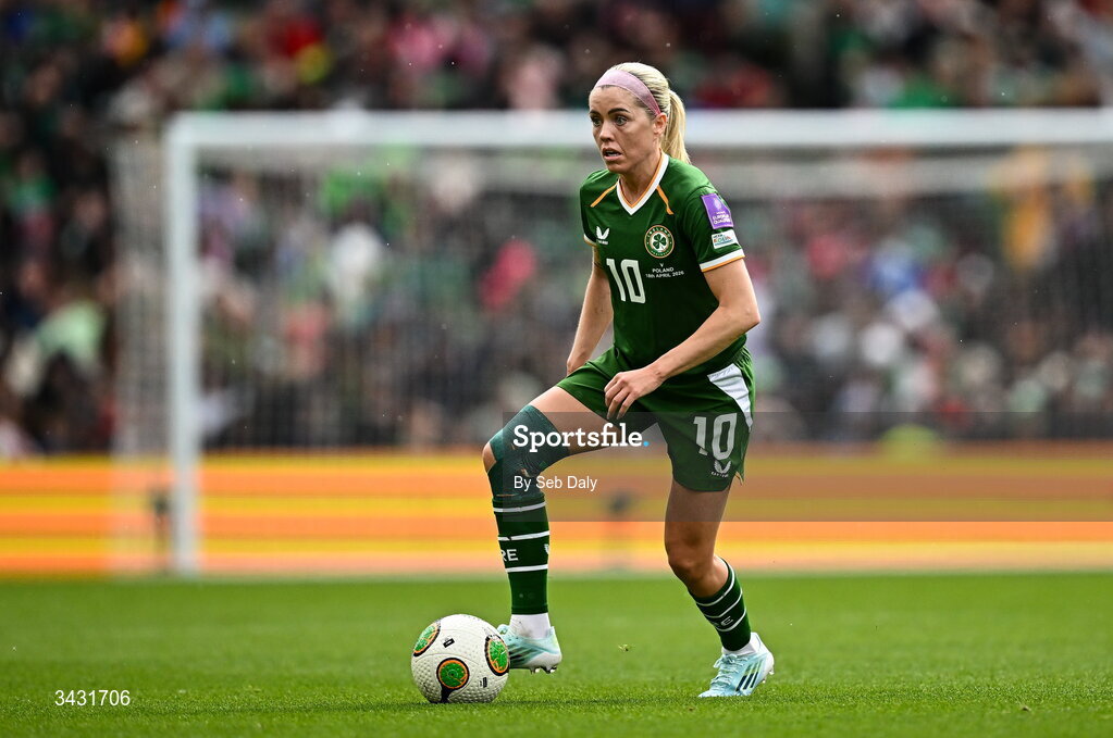 18 April 2026; Denise O’Sullivan of Republic of Ireland during the 2027 FIFA Women’s World Cup Qualifier match between Republic of Ireland and Poland at the Aviva Stadium in Dublin. Photo by Seb Daly/Sportsfile