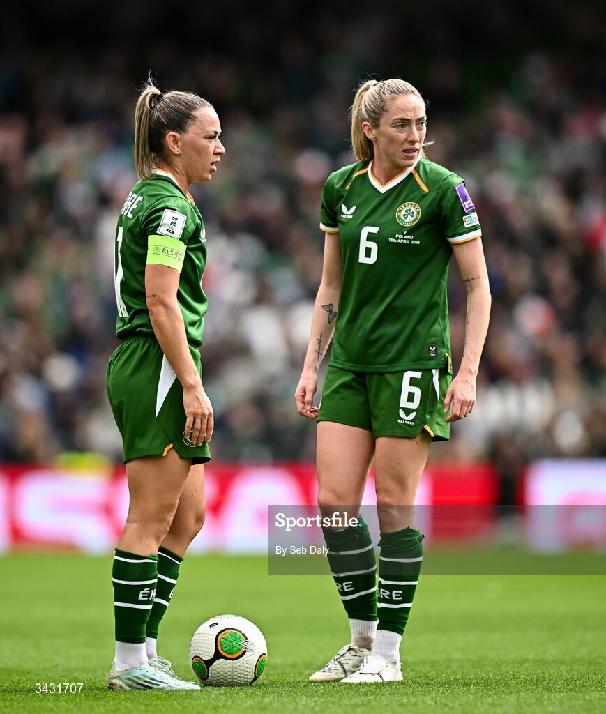 18 April 2026; Republic of Ireland players Katie McCabe, left, and Megan Connolly during the 2027 FIFA Women’s World Cup Qualifier match between Republic of Ireland and Poland at the Aviva Stadium in Dublin. Photo by Seb Daly/Sportsfile