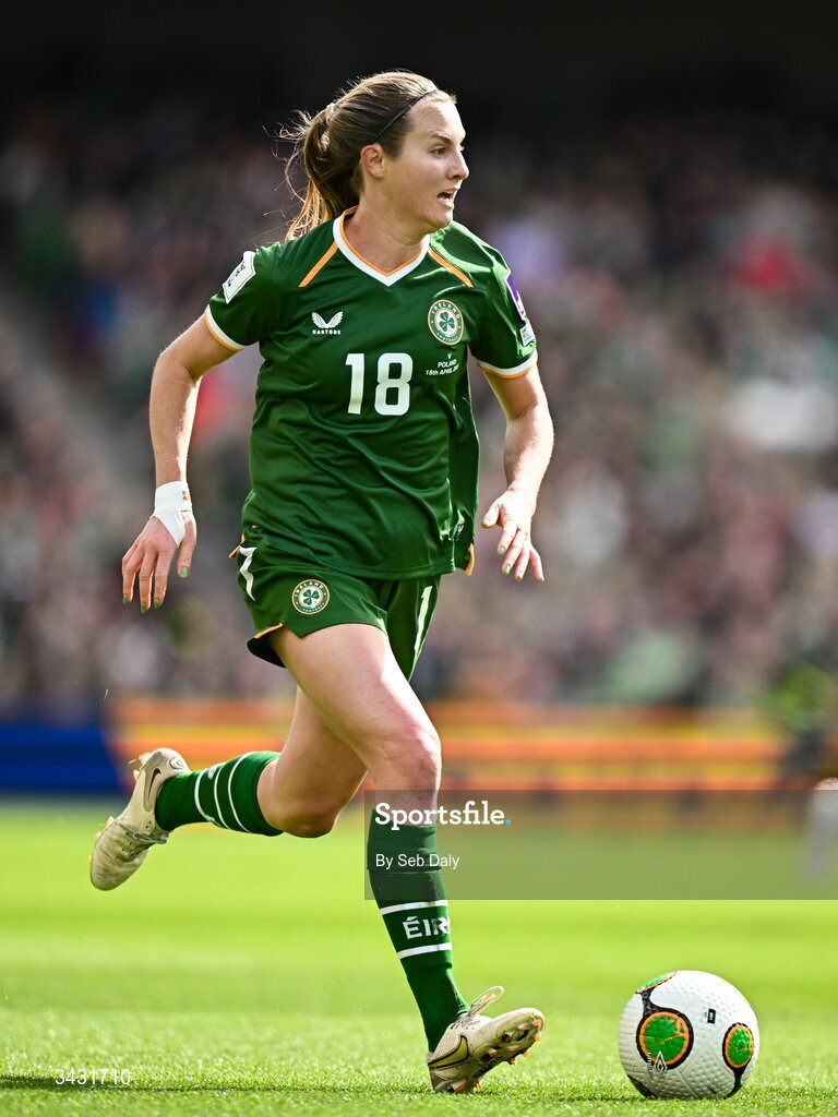 18 April 2026; Kyra Carusa of Republic of Ireland during the 2027 FIFA Women’s World Cup Qualifier match between Republic of Ireland and Poland at the Aviva Stadium in Dublin. Photo by Seb Daly/Sportsfile