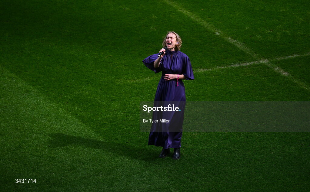 18 April 2026; Singer Krea performs Amhrán na bhFiann before the 2027 FIFA Women’s World Cup Qualifier match between Republic of Ireland and Poland at the Aviva Stadium in Dublin. Photo by Tyler Miller/Sportsfile