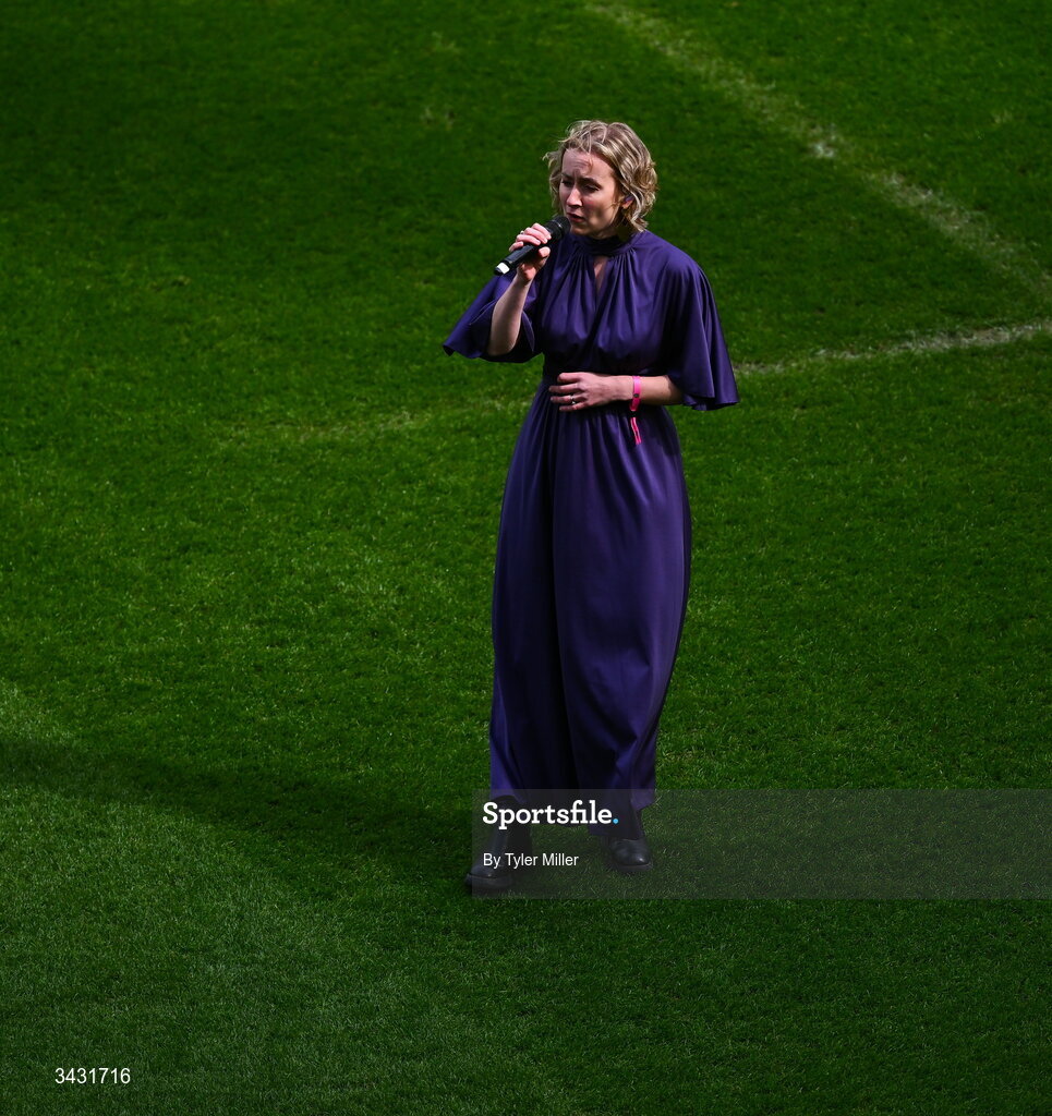 18 April 2026; Singer Krea performs Amhrán na bhFiann before the 2027 FIFA Women’s World Cup Qualifier match between Republic of Ireland and Poland at the Aviva Stadium in Dublin. Photo by Tyler Miller/Sportsfile