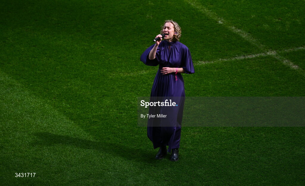18 April 2026; Singer Krea performs Amhrán na bhFiann before the 2027 FIFA Women’s World Cup Qualifier match between Republic of Ireland and Poland at the Aviva Stadium in Dublin. Photo by Tyler Miller/Sportsfile