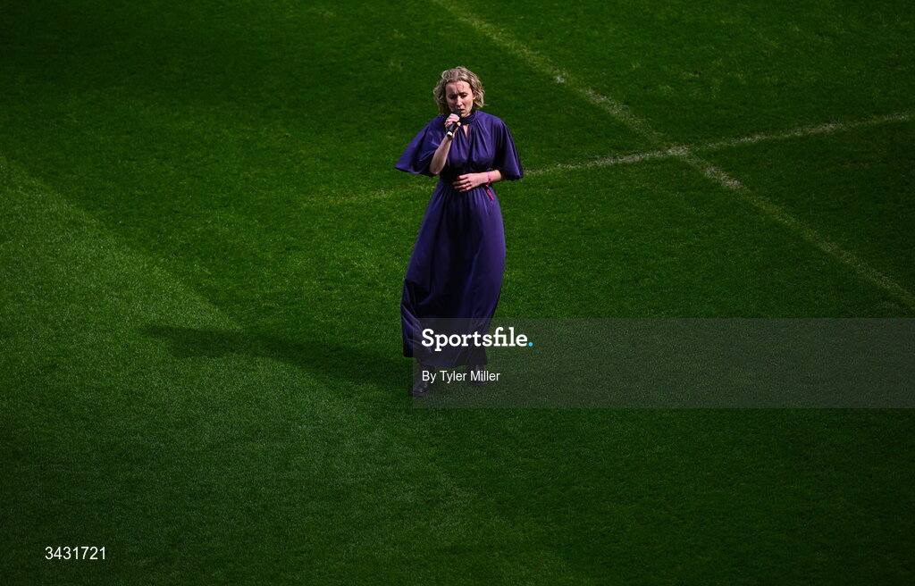 18 April 2026; Singer Krea performs Amhrán na bhFiann before the 2027 FIFA Women’s World Cup Qualifier match between Republic of Ireland and Poland at the Aviva Stadium in Dublin. Photo by Tyler Miller/Sportsfile