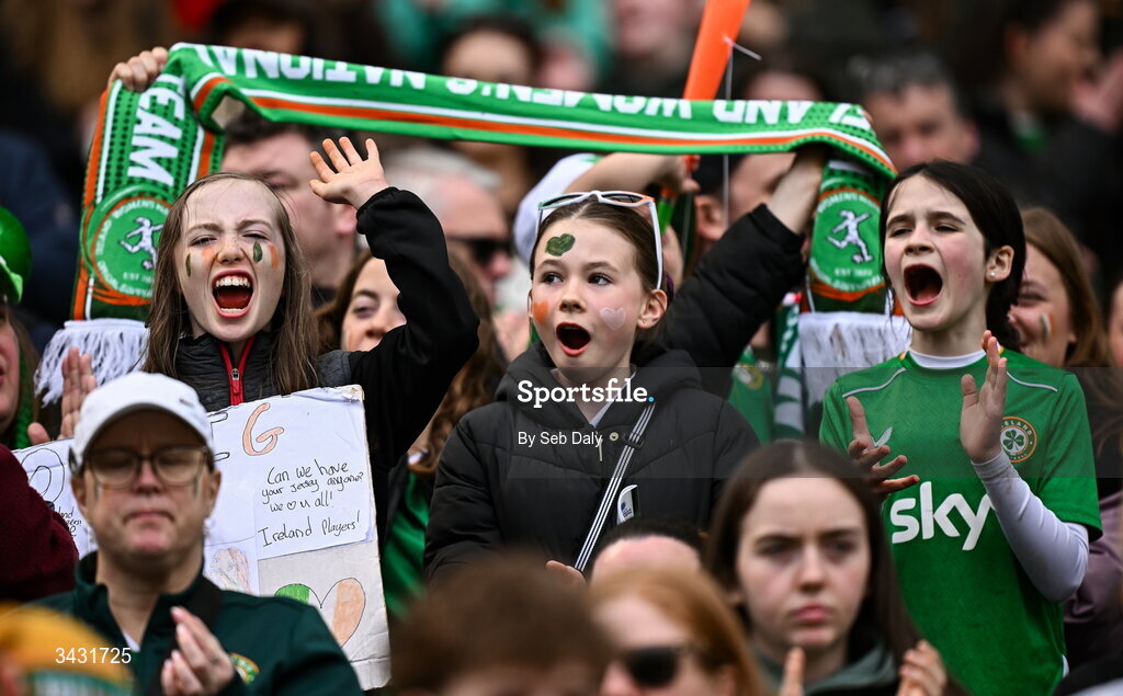 18 April 2026; Republic of Ireland supporters before the 2027 FIFA Women’s World Cup Qualifier match between Republic of Ireland and Poland at the Aviva Stadium in Dublin. Photo by Seb Daly/Sportsfile