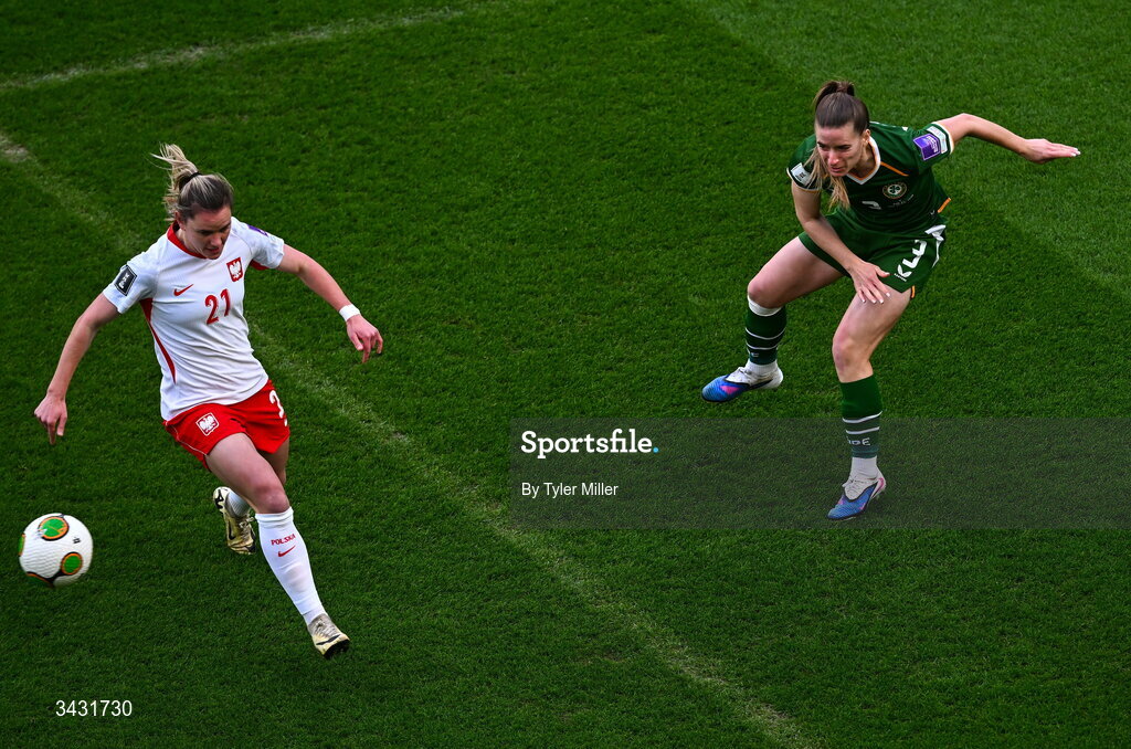 18 April 2026; Chloe Mustaki of Republic of Ireland in action against Paulina Tomasiak of Poland during the 2027 FIFA Women’s World Cup Qualifier match between Republic of Ireland and Poland at the Aviva Stadium in Dublin. Photo by Tyler Miller/Sportsfile
