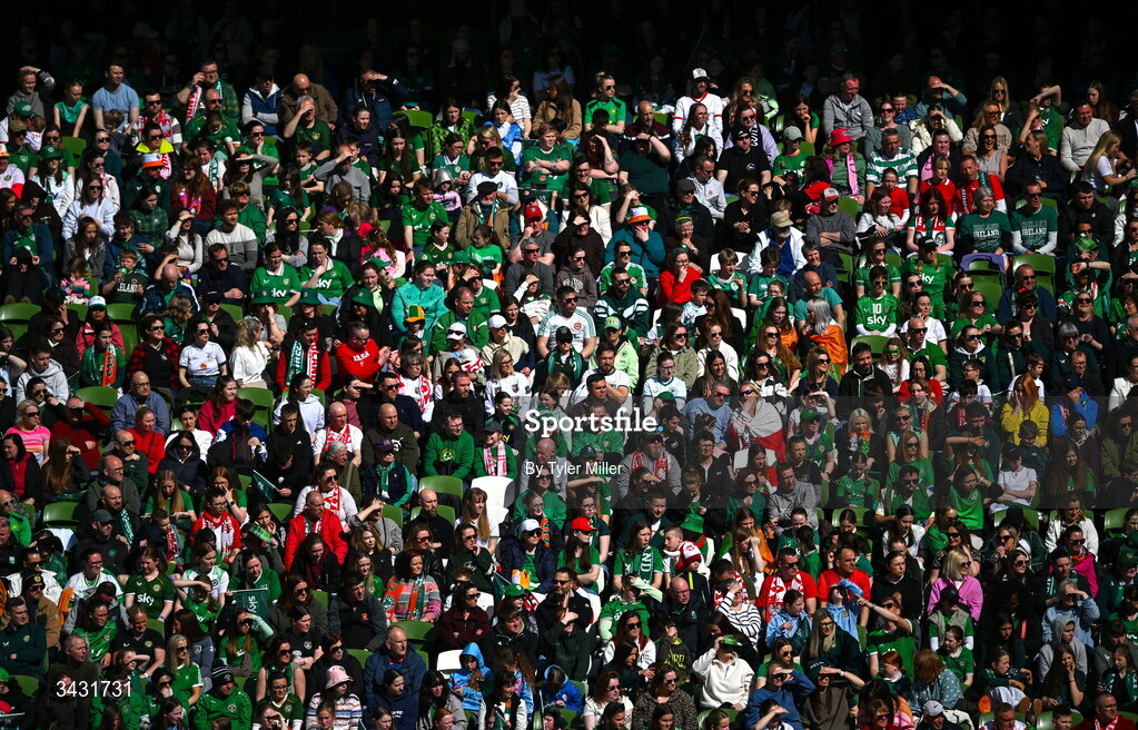 18 April 2026; Republic of Ireland supporters during the 2027 FIFA Women’s World Cup Qualifier match between Republic of Ireland and Poland at the Aviva Stadium in Dublin. Photo by Tyler Miller/Sportsfile