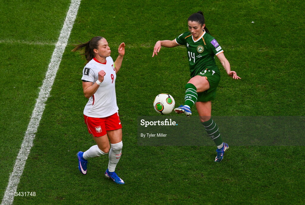 18 April 2026; Marissa Sheva of Republic of Ireland in action against Ewa Pajor of Poland during the 2027 FIFA Women’s World Cup Qualifier match between Republic of Ireland and Poland at the Aviva Stadium in Dublin. Photo by Tyler Miller/Sportsfile
