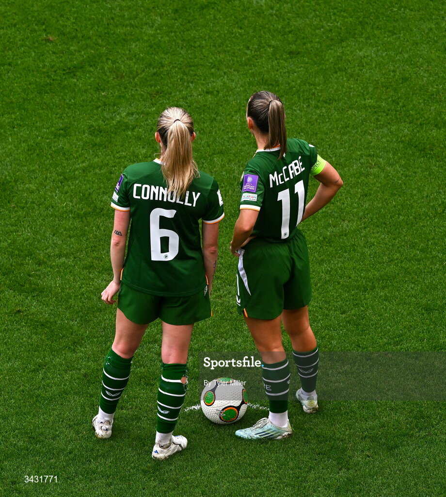18 April 2026; Megan Connolly, left, and Katie McCabe of Republic of Ireland during the 2027 FIFA Women’s World Cup Qualifier match between Republic of Ireland and Poland at the Aviva Stadium in Dublin. Photo by Tyler Miller/Sportsfile