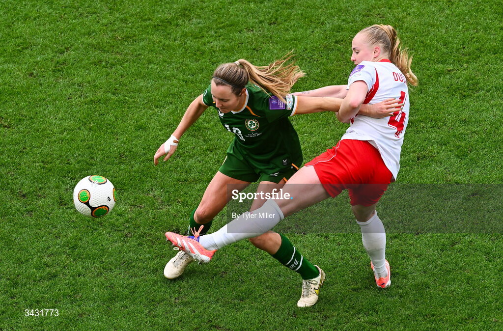18 April 2026; Kyra Carusa of Republic of Ireland in action against Paulina Dudek of Poland during the 2027 FIFA Women’s World Cup Qualifier match between Republic of Ireland and Poland at the Aviva Stadium in Dublin. Photo by Tyler Miller/Sportsfile