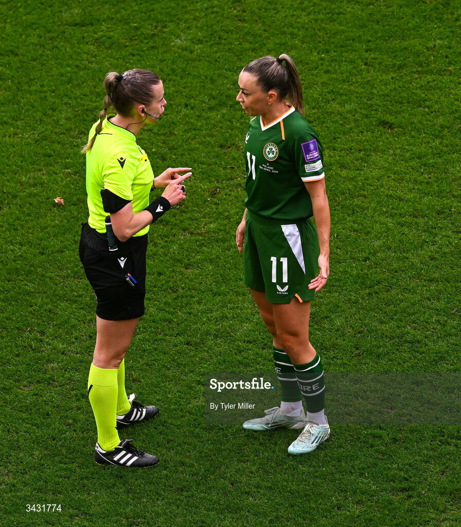 18 April 2026; Katie McCabe of Republic of Ireland remonstrates with referee Aleksandra Cesen during the 2027 FIFA Women’s World Cup Qualifier match between Republic of Ireland and Poland at the Aviva Stadium in Dublin. Photo by Tyler Miller/Sportsfile
