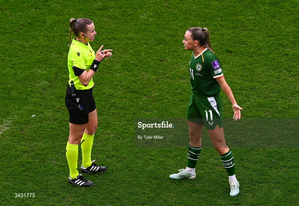 18 April 2026; Katie McCabe of Republic of Ireland remonstrates with referee Aleksandra Cesen during the 2027 FIFA Women’s World Cup Qualifier match between Republic of Ireland and Poland at the Aviva Stadium in Dublin. Photo by Tyler Miller/Sportsfile