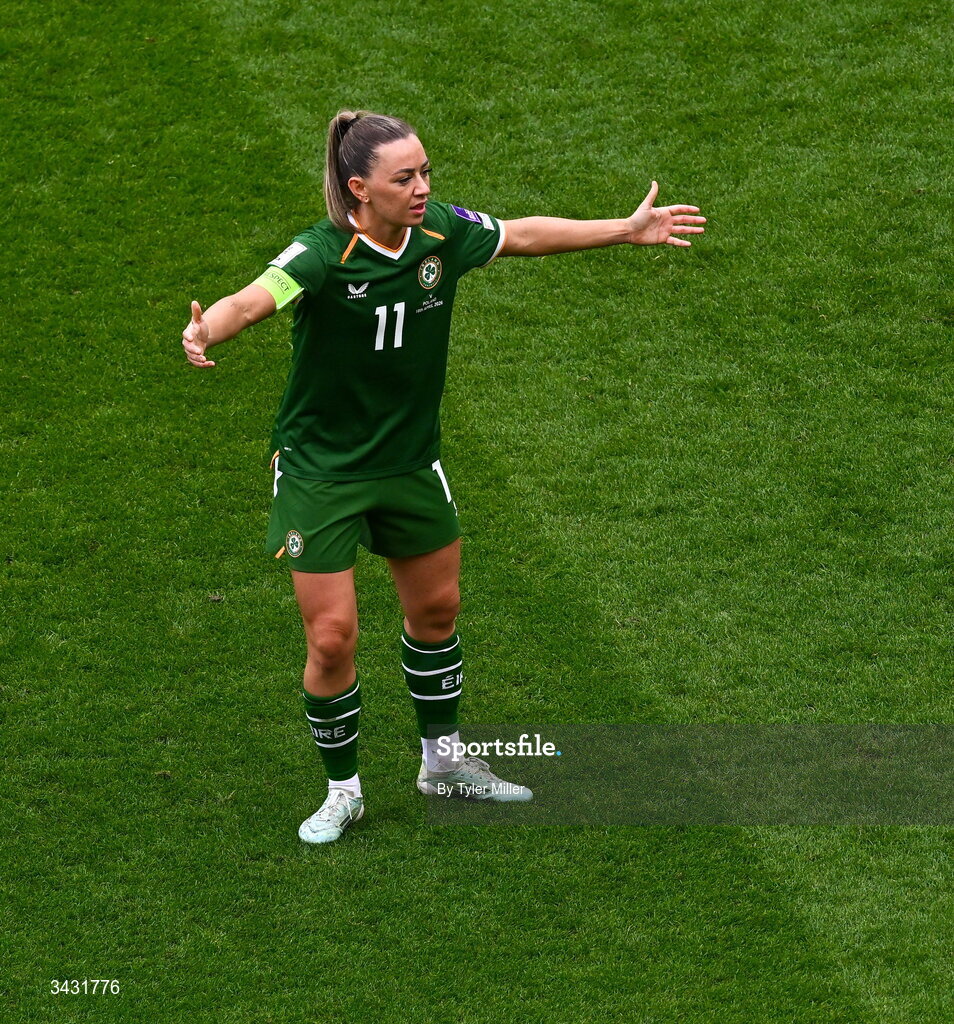 18 April 2026; Katie McCabe of Republic of Ireland during the 2027 FIFA Women’s World Cup Qualifier match between Republic of Ireland and Poland at the Aviva Stadium in Dublin. Photo by Tyler Miller/Sportsfile