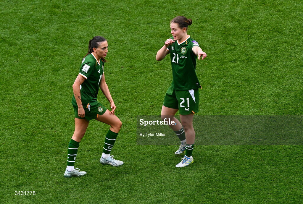 18 April 2026; Abbie Larkin, left, and Emily Murphy of Republic of Ireland during the 2027 FIFA Women’s World Cup Qualifier match between Republic of Ireland and Poland at the Aviva Stadium in Dublin. Photo by Tyler Miller/Sportsfile