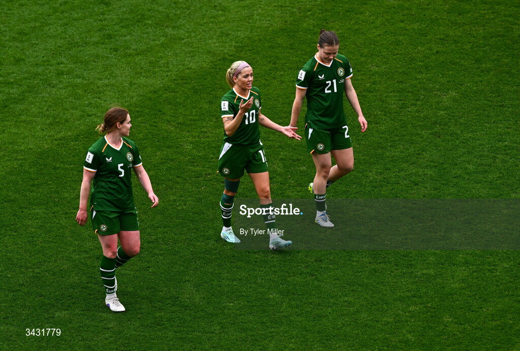 18 April 2026; Republic of Ireland players, from left, Aoife Mannion, Denise O’Sullivan and Emily Murphy during the 2027 FIFA Women’s World Cup Qualifier match between Republic of Ireland and Poland at the Aviva Stadium in Dublin. Photo by Tyler Miller/Sportsfile