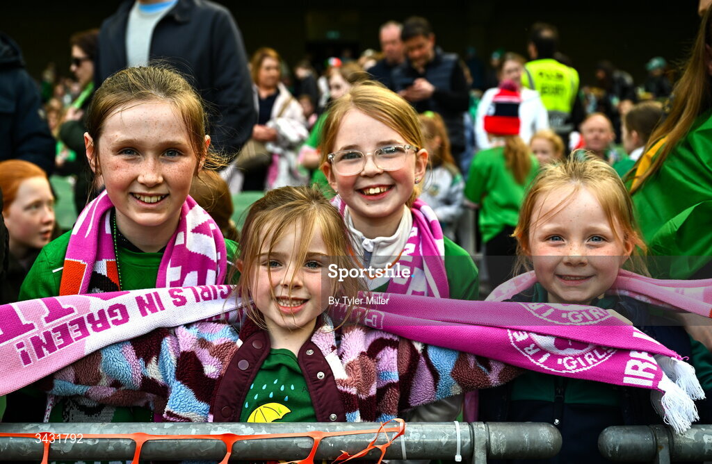 18 April 2026; Republic of Ireland supporters before the 2027 FIFA Women’s World Cup Qualifier match between Republic of Ireland and Poland at the Aviva Stadium in Dublin. Photo by Tyler Miller/Sportsfile
