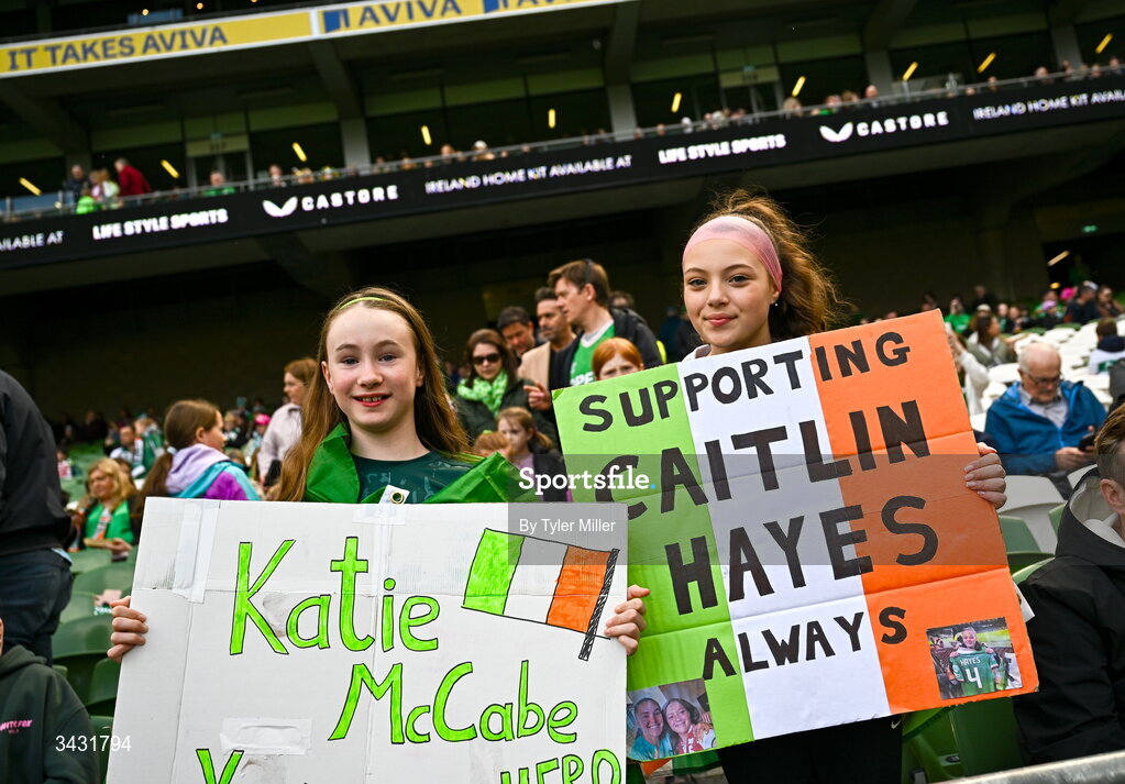 18 April 2026; Republic of Ireland supporters before the 2027 FIFA Women’s World Cup Qualifier match between Republic of Ireland and Poland at the Aviva Stadium in Dublin. Photo by Tyler Miller/Sportsfile