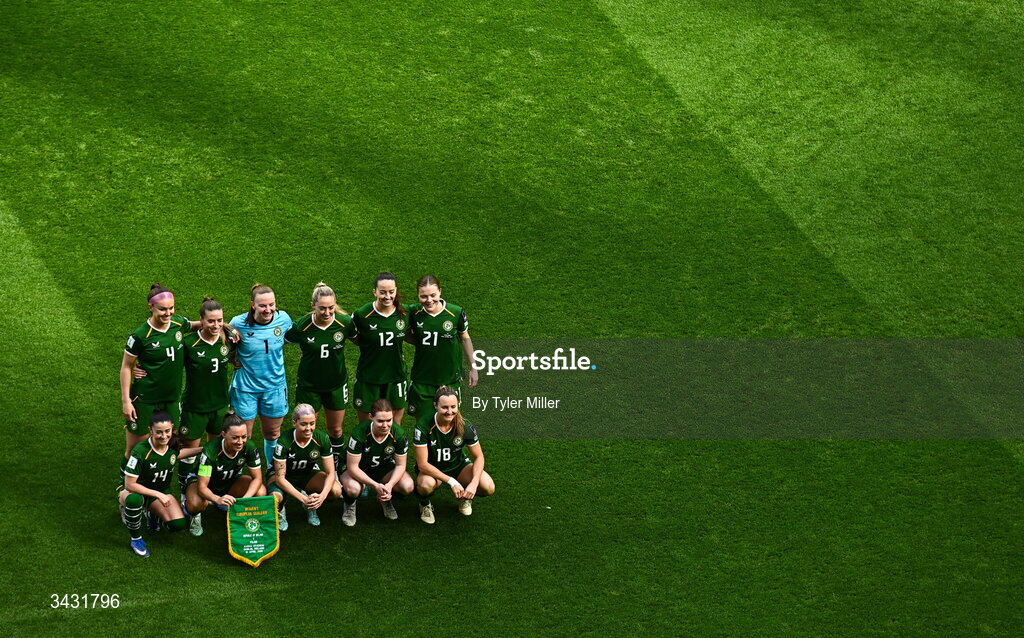 18 April 2026; The Republic of Ireland team pose for a team photograph before the 2027 FIFA Women’s World Cup Qualifier match between Republic of Ireland and Poland at the Aviva Stadium in Dublin. Photo by Tyler Miller/Sportsfile