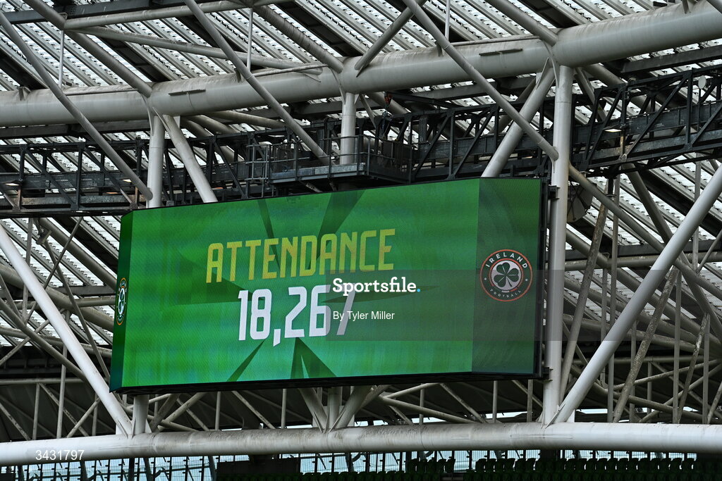 18 April 2026; The big screen displays the official attendance during the 2027 FIFA Women’s World Cup Qualifier match between Republic of Ireland and Poland at the Aviva Stadium in Dublin. Photo by Tyler Miller/Sportsfile