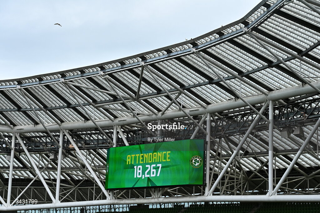 18 April 2026; The big screen displays the official attendance during the 2027 FIFA Women’s World Cup Qualifier match between Republic of Ireland and Poland at the Aviva Stadium in Dublin. Photo by Tyler Miller/Sportsfile
