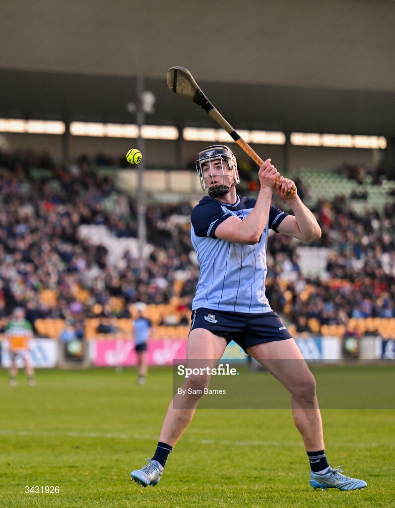 18 April 2026; Dónal Burke of Dublin takes a late free during the Leinster GAA Senior Hurling Championship Round 1 match between Offaly and Dublin at Glenisk O'Connor Park in Tullamore, Offaly. Photo by Sam Barnes/Sportsfile