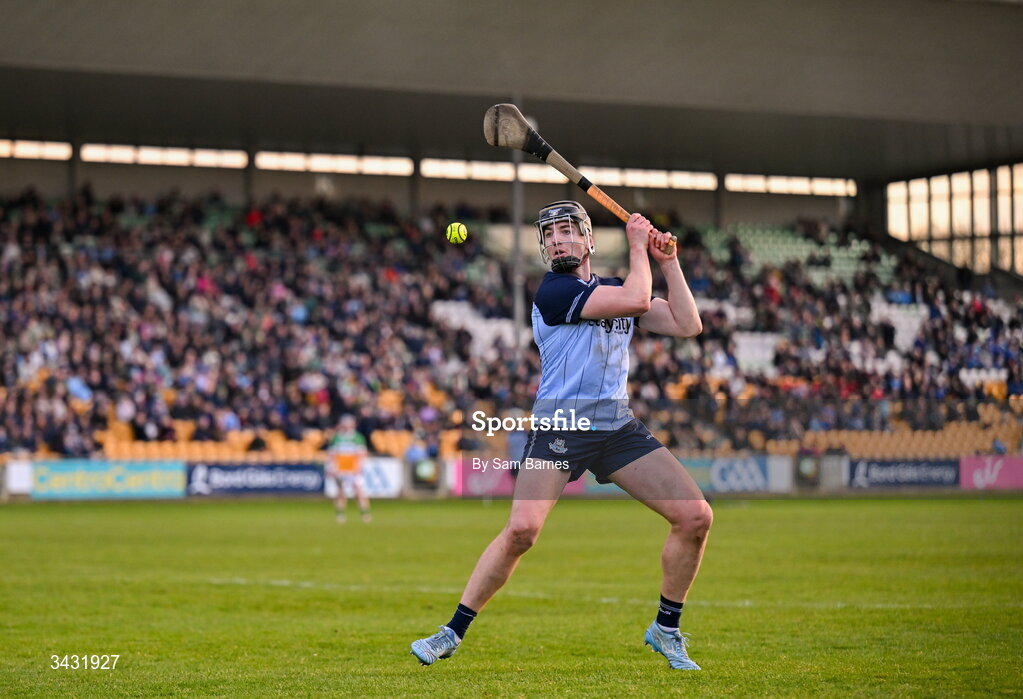 18 April 2026; Dónal Burke of Dublin takes a late free during the Leinster GAA Senior Hurling Championship Round 1 match between Offaly and Dublin at Glenisk O'Connor Park in Tullamore, Offaly. Photo by Sam Barnes/Sportsfile