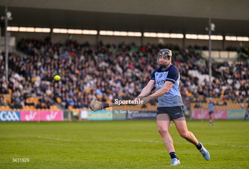 18 April 2026; Dónal Burke of Dublin takes a late free during the Leinster GAA Senior Hurling Championship Round 1 match between Offaly and Dublin at Glenisk O'Connor Park in Tullamore, Offaly. Photo by Sam Barnes/Sportsfile