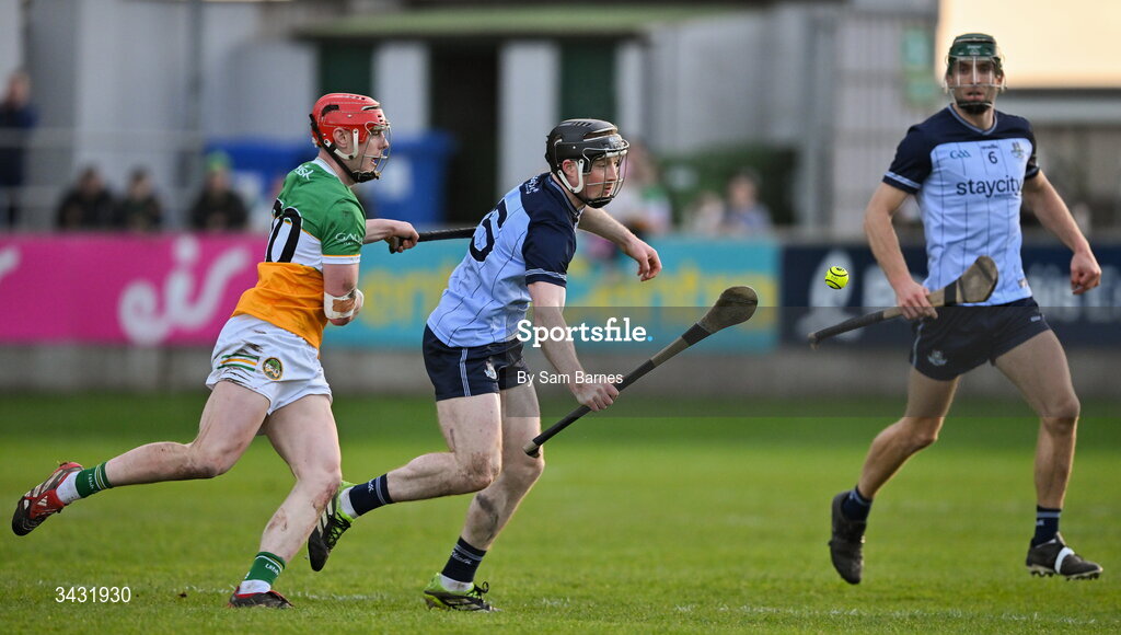 18 April 2026; Paddy Dunleavy of Dublin in action against Charlie Mitchell of Offaly during the Leinster GAA Senior Hurling Championship Round 1 match between Offaly and Dublin at Glenisk O'Connor Park in Tullamore, Offaly. Photo by Sam Barnes/Sportsfile
