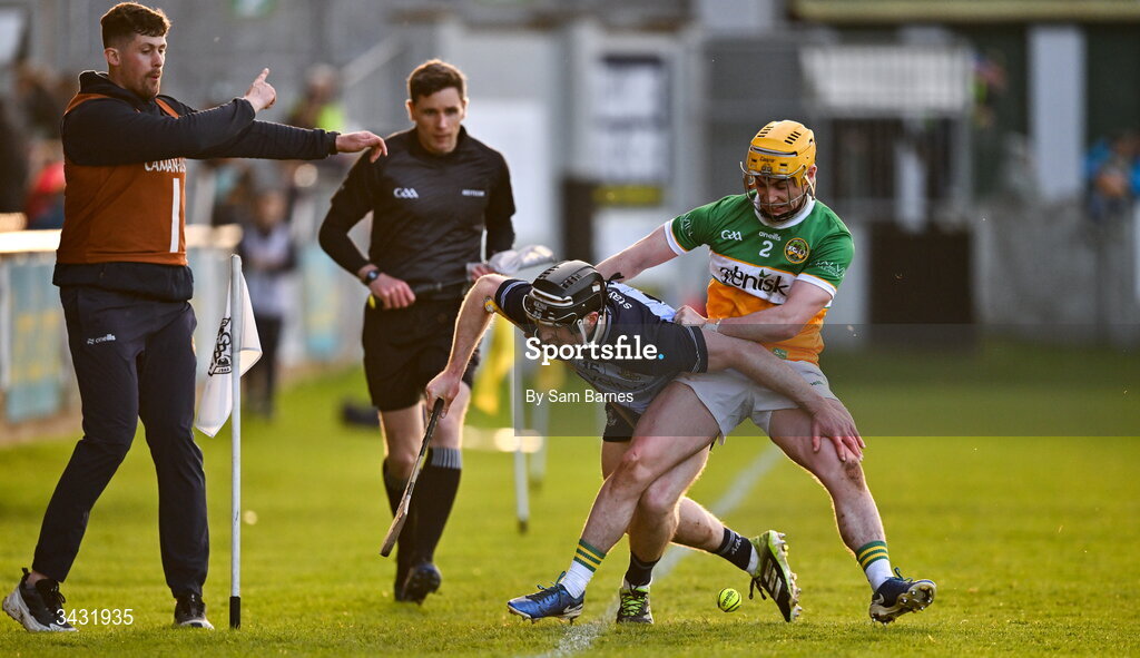 18 April 2026; Cian O'Sullivan of Dublin is tackled by Patrick Taaffe of Offaly during the Leinster GAA Senior Hurling Championship Round 1 match between Offaly and Dublin at Glenisk O'Connor Park in Tullamore, Offaly. Photo by Sam Barnes/Sportsfile