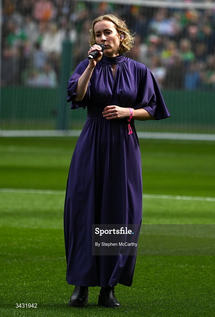 18 April 2026; Singer Krea performs Amhrán na bhFiann before the 2027 FIFA Women’s World Cup Qualifier match between Republic of Ireland and Poland at the Aviva Stadium in Dublin. Photo by Stephen McCarthy/Sportsfile