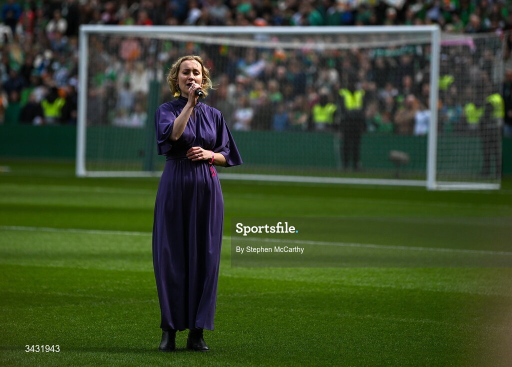 18 April 2026; Singer Krea performs Amhrán na bhFiann before the 2027 FIFA Women’s World Cup Qualifier match between Republic of Ireland and Poland at the Aviva Stadium in Dublin. Photo by Stephen McCarthy/Sportsfile