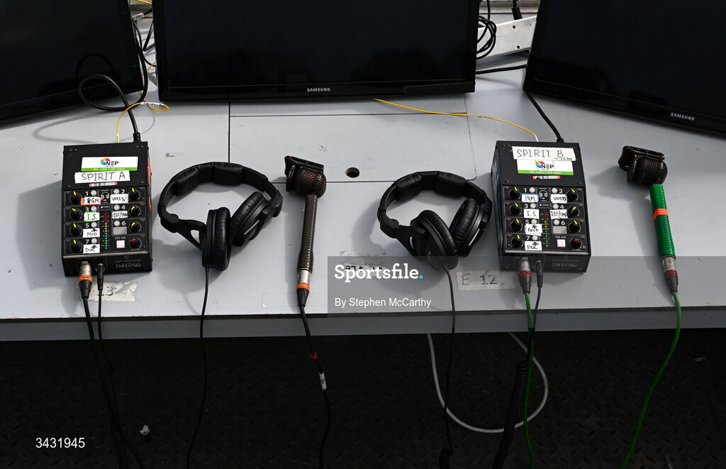 18 April 2026; Television commentators equipment before the 2027 FIFA Women’s World Cup Qualifier match between Republic of Ireland and Poland at the Aviva Stadium in Dublin. Photo by Stephen McCarthy/Sportsfile