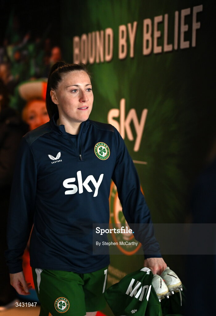 18 April 2026; Lucy Quinn of Republic of Ireland before the 2027 FIFA Women’s World Cup Qualifier match between Republic of Ireland and Poland at the Aviva Stadium in Dublin. Photo by Stephen McCarthy/Sportsfile