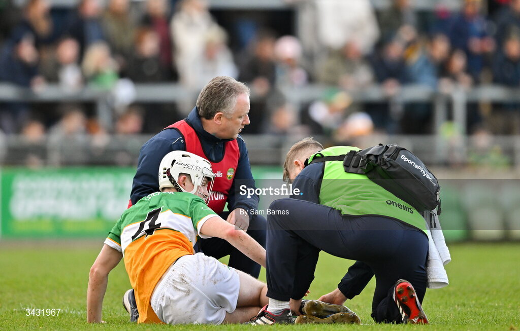 18 April 2026; Brecon Kavanagh of Offaly receives medical attention during the Leinster GAA Senior Hurling Championship Round 1 match between Offaly and Dublin at Glenisk O'Connor Park in Tullamore, Offaly. Photo by Sam Barnes/Sportsfile