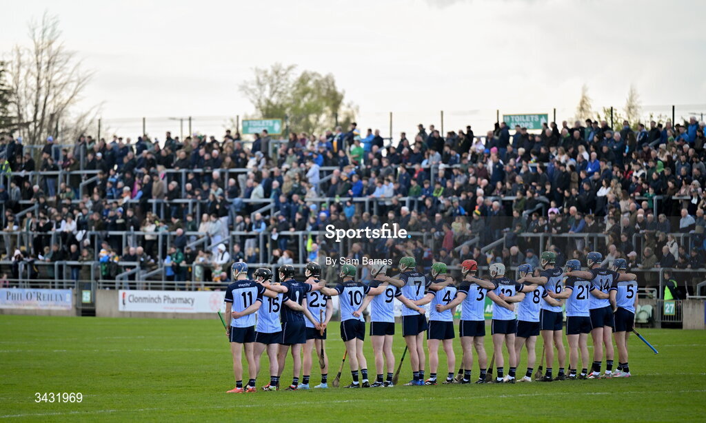 18 April 2026; The Dublin team stand for the national anthem before the Leinster GAA Senior Hurling Championship Round 1 match between Offaly and Dublin at Glenisk O'Connor Park in Tullamore, Offaly. Photo by Sam Barnes/Sportsfile