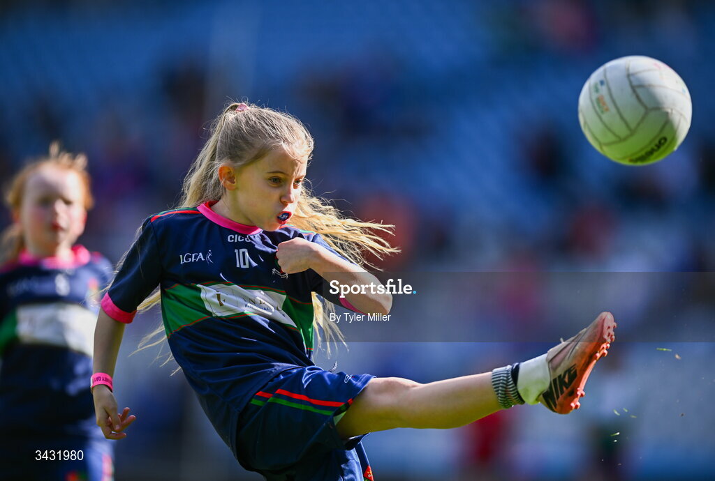 19 April 2026; Charlotte O'Hara of Mostrim, Longford, during the 2026 LGFA Under 10 Go Games Festival Day at Croke Park in Dublin. Photo by Tyler Miller/Sportsfile