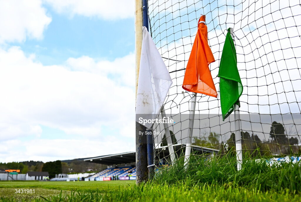 19 April 2026; Umpire flags in the goal before the Leinster GAA Football Senior Championship quarter-final match between Wicklow and Dublin at Echelon Park in Aughrim in Wicklow. Photo by Seb Daly/Sportsfile