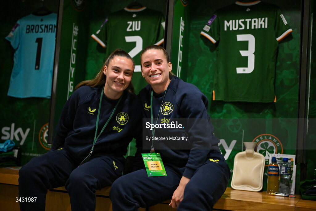18 April 2026; Chloe Mustaki, right, and Jess Ziu of Republic of Ireland before the 2027 FIFA Women’s World Cup Qualifier match between Republic of Ireland and Poland at the Aviva Stadium in Dublin. Photo by Stephen McCarthy/Sportsfile
