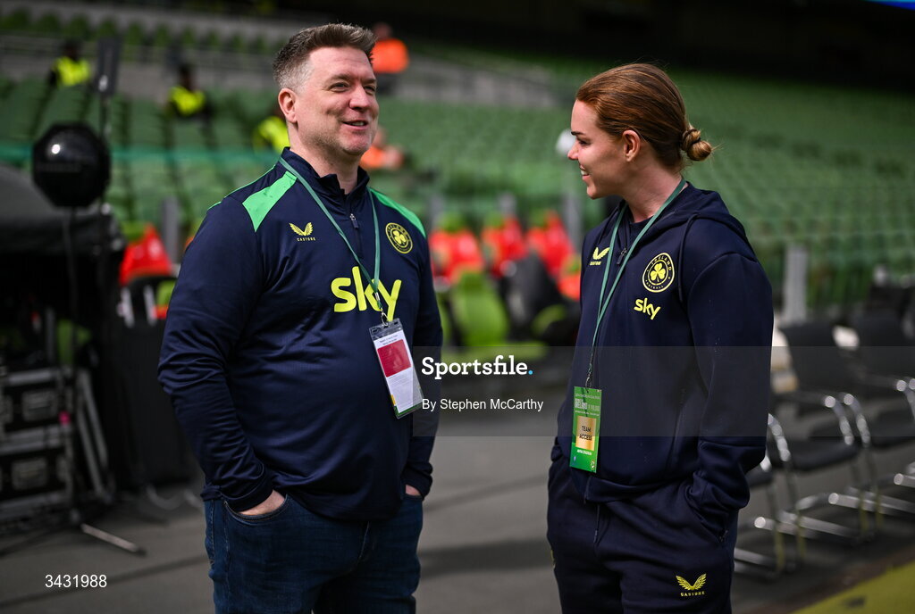 18 April 2026; MC Dave Moore and Republic of Ireland's Aoife Mannion before the 2027 FIFA Women’s World Cup Qualifier match between Republic of Ireland and Poland at the Aviva Stadium in Dublin. Photo by Stephen McCarthy/Sportsfile