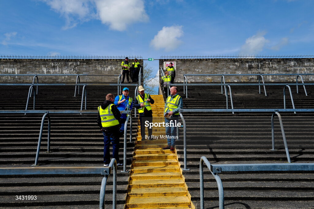 19 April 2026; Maors and Gardai assemble on the terraces before the Munster GAA Senior Hurling Championship Round 1 match between Clare and Waterford at Zimmer Biomet Páirc Chíosóg in Ennis, Clare. Photo by Ray McManus/Sportsfile