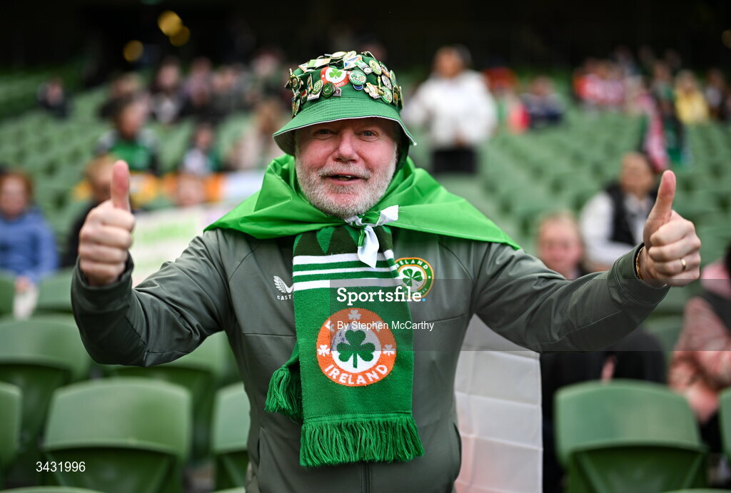 18 April 2026; Republic of Ireland supporter Aidan Mullen, from Swords, Dublin, before the 2027 FIFA Women’s World Cup Qualifier match between Republic of Ireland and Poland at the Aviva Stadium in Dublin. Photo by Stephen McCarthy/Sportsfile