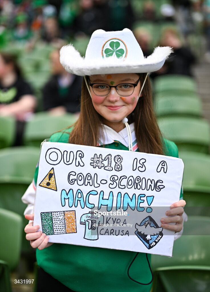 18 April 2026; Republic of Ireland supporter Kayleigh Ryan before the 2027 FIFA Women’s World Cup Qualifier match between Republic of Ireland and Poland at the Aviva Stadium in Dublin. Photo by Stephen McCarthy/Sportsfile