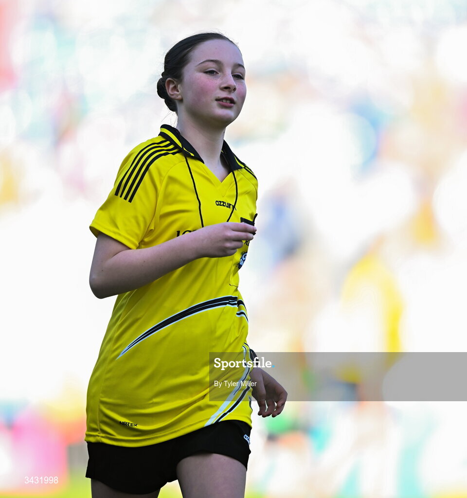 19 April 2026; A referee during the 2026 LGFA Under 10 Go Games Festival Day at Croke Park in Dublin. Photo by Tyler Miller/Sportsfile