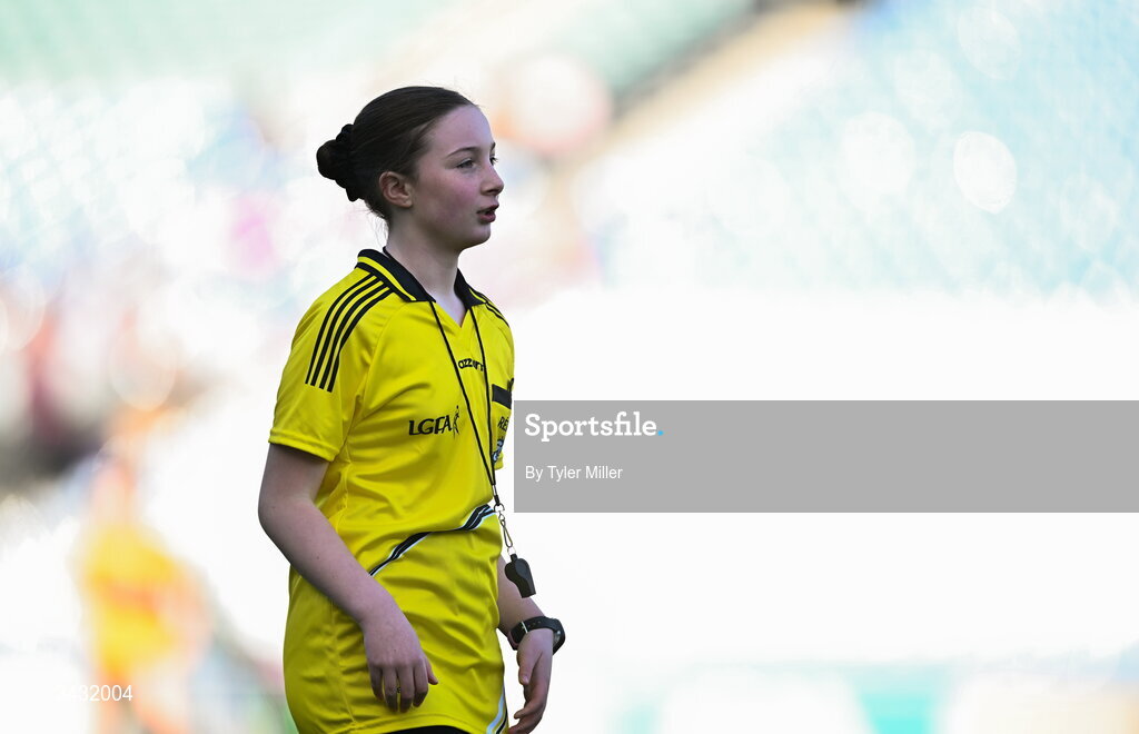 19 April 2026; A referee during the 2026 LGFA Under 10 Go Games Festival Day at Croke Park in Dublin. Photo by Tyler Miller/Sportsfile