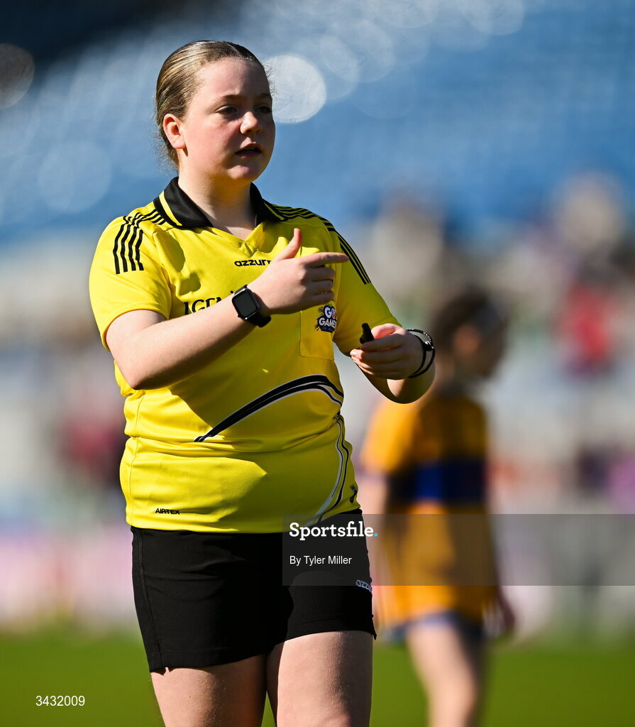 19 April 2026; A referee during the 2026 LGFA Under 10 Go Games Festival Day at Croke Park in Dublin. Photo by Tyler Miller/Sportsfile