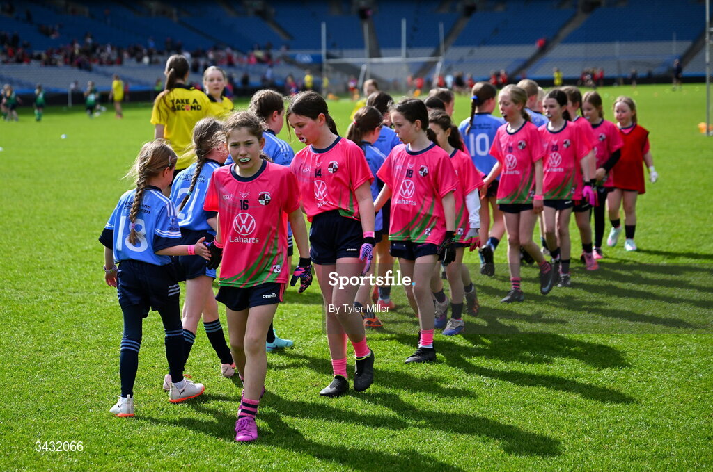 19 April 2026; Players shake hands during the 2026 LGFA Under 10 Go Games Festival Day at Croke Park in Dublin. Photo by Tyler Miller/Sportsfile